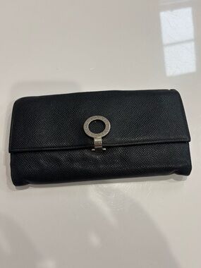 Bvlgari Black Leather Long Wallet Silver Logo Snap Continental Wallet